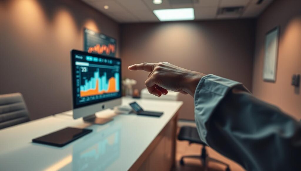 A dimly lit medical office, with a sleek, modern desk and a large display screen showcasing a variety of health metrics and charts. In the foreground, a doctor's hand points to the screen, gesturing towards the data, their expression pensive as they interpret the information. The background is softly blurred, conveying a sense of focus and contemplation. The lighting is warm and directional, casting subtle shadows that add depth and dimension to the scene. The overall atmosphere is one of thoughtful analysis, where the viewer is invited to consider the significance of the health data being presented.