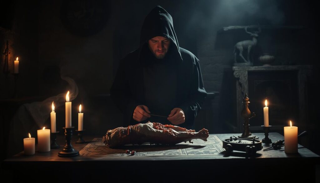 A dimly lit medieval chamber, candles flickering, casting eerie shadows. In the center, a table holds a human limb, partially dissected, as a hooded figure examines it with a mix of curiosity and detachment. The air is thick with an unsettling ambiance, hinting at the morbid fascination that drove the consumption of human flesh during this dark period of European history. Shades of gray and somber tones evoke the macabre nature of the scene, while subtle details, such as anatomical diagrams or alchemical instruments, suggest the desire to understand the human body through unorthodox means. The overall composition conveys a sense of the disturbing allure that once surrounded the practice of cannibalism, a practice that, for some, was driven by a twisted quest for knowledge or a desperate need for survival.