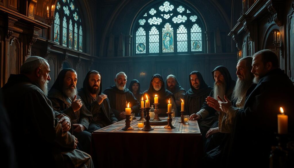 A dimly lit medieval interior, where somber-faced clerics and nobles gather to discuss the moral and societal implications of the recent rise in cannibalism. Ornate wooden furniture, flickering candles, and stained-glass windows cast an uneasy, supernatural glow. The men wear solemn expressions, some gesturing emphatically, as they grapple with the complex religious, legal, and philosophical questions surrounding this taboo practice. The atmosphere is one of grave concern, as they seek to understand and contain this unsettling phenomenon that has gripped their community.