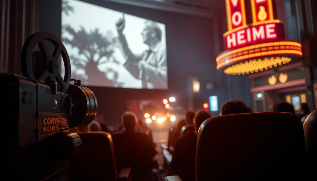A dimly lit movie theater, the screen flickering with a classic black-and-white film. In the foreground, a vintage movie projector casts its warm glow, surrounded by reels of film and worn leather seats. The middle ground showcases the silhouettes of moviegoers, lost in the magic of the cinema. In the background, a grand marquee illuminates the street, its neon lights casting a nostalgic glow over the scene. The atmosphere is one of reverence and appreciation for the timeless art of filmmaking, conveying the enduring significance of movie schedules in the newspaper for the film industry.