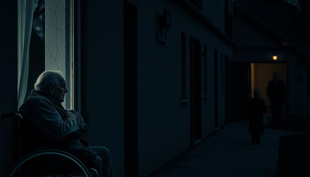 A dimly lit nursing home facade, the Jochen Senf Pflegeheim stands somber and weathered. In the foreground, an elderly man in a wheelchair gazes wistfully through the window, his frail form a testament to the ravages of time and illness. The middle ground is cast in a muted, melancholic light, highlighting the peeling paint and cracked masonry that suggest a sense of neglect and decline. In the background, a lone figure - perhaps a nurse or caretaker - moves through the shadows, a poignant symbol of the solitary struggle faced by those in the final stages of life. The overall mood is one of profound sadness and the bittersweet acceptance of mortality.