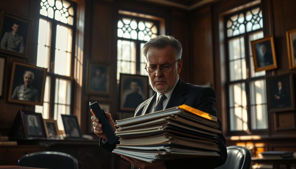 A dimly lit, oak-paneled office in the Staatsanwaltschaft München, the afternoon sun filtering through tall windows. A senior prosecutor, brow furrowed, intently studying a stack of case files, searching for clues to unravel the mystery of the Einstein family's tragic demise. Framed photographs of past investigations line the walls, casting a somber, determined atmosphere. The air is thick with the weight of wartime, yet the prosecutor's gaze is resolute, driven by an unwavering pursuit of justice. Muted tones of brown and gray convey the gravity of the situation, while hints of golden light offer a glimmer of hope amidst the shadows of the past.