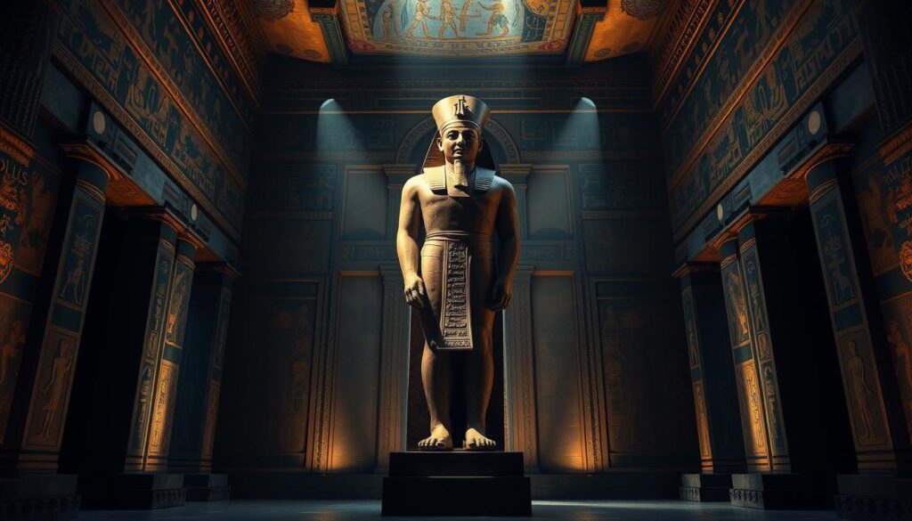 A dimly lit, ornate chamber in an ancient Egyptian temple. The walls are adorned with intricate hieroglyphics and vibrant murals depicting the power and significance of the pharaoh. In the center, a towering, imposing statue of the pharaoh stands, his regal features conveying a sense of authority and divinity. The lighting is dramatic, casting deep shadows and highlighting the intricate details of the carved stone. The atmosphere is one of reverence and mystery, evoking the cultural importance and mystical aura surrounding the pharaoh's legacy. The scene exudes a sense of timelessness, inviting the viewer to contemplate the enduring impact of the pharaoh's influence on ancient Egyptian civilization.