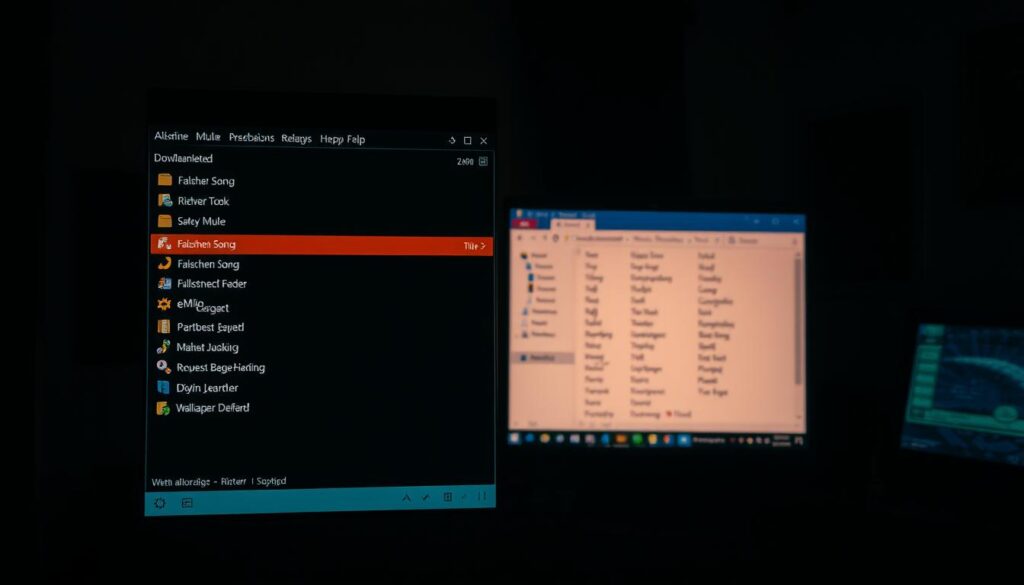 A dimly lit, retro-styled desktop computer screen displaying the eMule file-sharing application in the foreground. The eMule interface shows a list of active downloads, with the "Falschen Song" file highlighted, conveying the act of downloading a potentially mislabeled or incorrect song. The middle ground features various open windows and folders, hinting at the user's browsing and search process. In the background, a sense of nostalgia is evoked through vintage desktop icons, wallpapers, and a warm, subdued lighting scheme, capturing the era of early peer-to-peer file-sharing platforms.