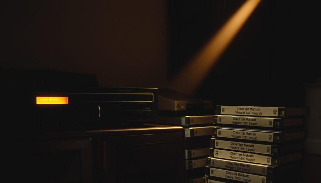 A dimly lit room, a vintage VCR player rests on a wooden cabinet, its display flickering softly. Stacks of well-worn videocassettes sit nearby, their labels faded but carrying the weight of cherished memories. A single beam of warm light falls across the scene, illuminating the tactile textures of the analog technology, a reminder of a bygone era. The air is thick with nostalgia, inviting the viewer to pause and reflect on the simple pleasures of a time when watching a movie meant physically rewinding and fast-forwarding through a magnetic tape. This image captures the essence of "Videokassetten digitalisieren: Erinnerungen bewahren", a moment frozen in time, awaiting digital preservation.