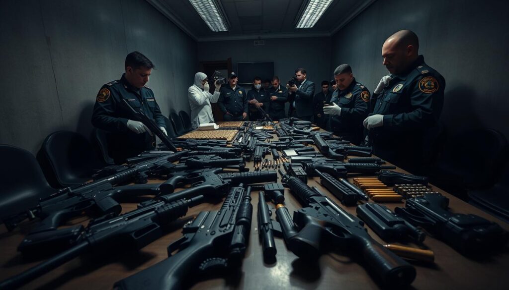 A dimly lit room, police officers meticulously examining a collection of seized firearms. Assault rifles, handguns, and ammunition laid out on a table, their dark metal surfaces reflecting the harsh overhead lighting. The mood is tense, the atmosphere heavy with the weight of the recovered weapons, a testament to the ongoing battle against organized crime. In the background, a team of forensic specialists carefully document the scene, their movements precise and measured. The image conveys a sense of vigilance and determination, a visual representation of the "Waffen-Razzia" and its critical results.