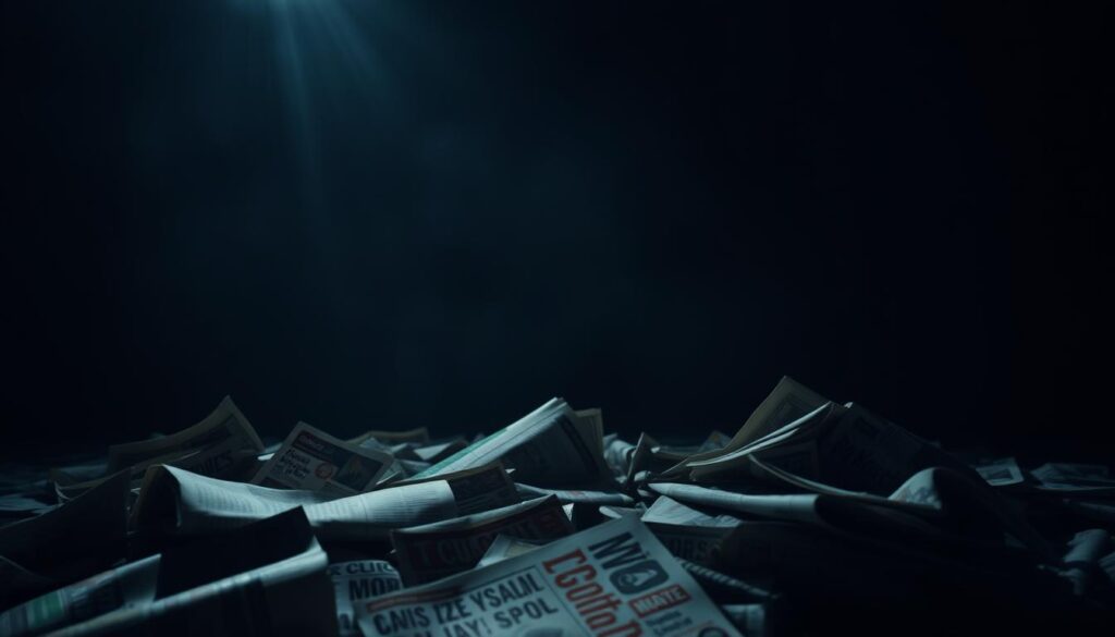 A dimly lit room, shadows casting an ominous atmosphere. In the foreground, a tangle of newspaper headlines and gossip magazine covers, their bold text alluding to the scandals that have plagued the life of the subject. In the middle ground, a lone figure, their face partially obscured, conveying a sense of turmoil and vulnerability. The background is hazy, suggesting the weight of the public scrutiny and the constant glare of the media spotlight. Cinematic lighting creates a moody, dramatic effect, drawing the viewer's attention to the central narrative. The overall impression is one of a life disrupted, a reputation tarnished, and the heavy toll of unwanted attention.