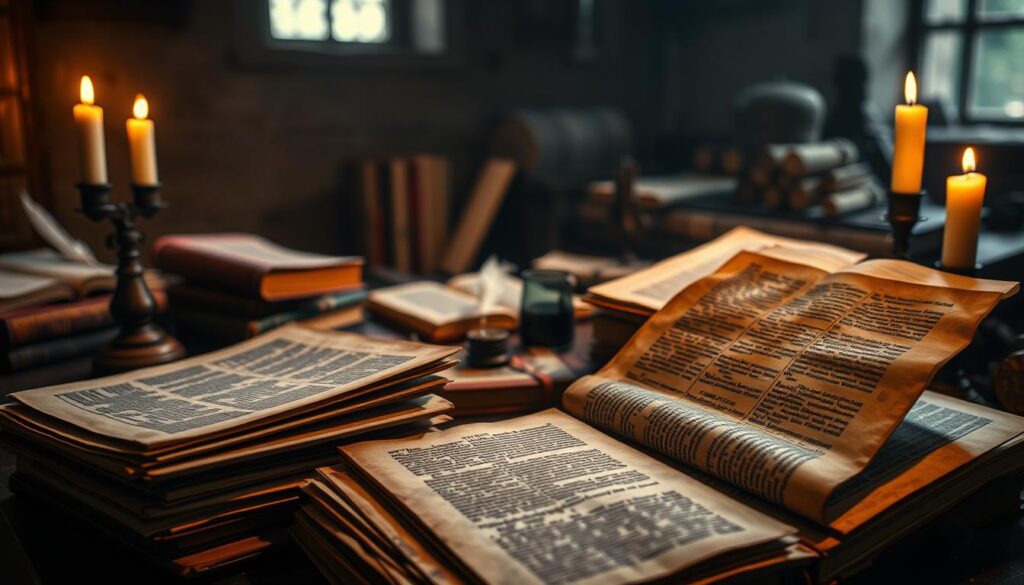A dimly lit room, the soft glow of candlelight reflecting off the weathered pages of a collection of printed books. In the foreground, a stack of pamphlets and leaflets, their edges curled and stained, the text on their covers a testament to the Reformation's impact. In the middle ground, a scattering of quills, inkwells, and worn leather-bound volumes, each a repository of knowledge painstakingly set in movable type. The background is hazy, a sense of history and the weight of tradition palpable, as if the very walls hold the echoes of the ideas that have shaped the world. The scene conveys a sense of the pivotal role that the printed book played in the spread of the Reformation across Europe.