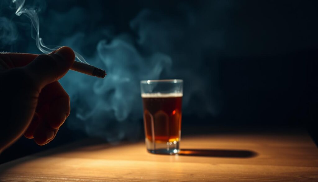 A dimly lit room, with a hazy, smoke-filled atmosphere. In the foreground, a hand holds a burning cigarette, the ember glowing against the shadows. In the middle ground, a glass of amber-colored liquid sits on a wooden table, condensation beading on the surface. The background is blurred, hinting at the potential dangers of these habits. The scene conveys a sense of unease and the need to address the risks of smoking and alcohol consumption. Dramatic, moody lighting casts dramatic shadows, emphasizing the weight of the subject matter. A cinematic, documentary-style composition captures the gravity of the situation.