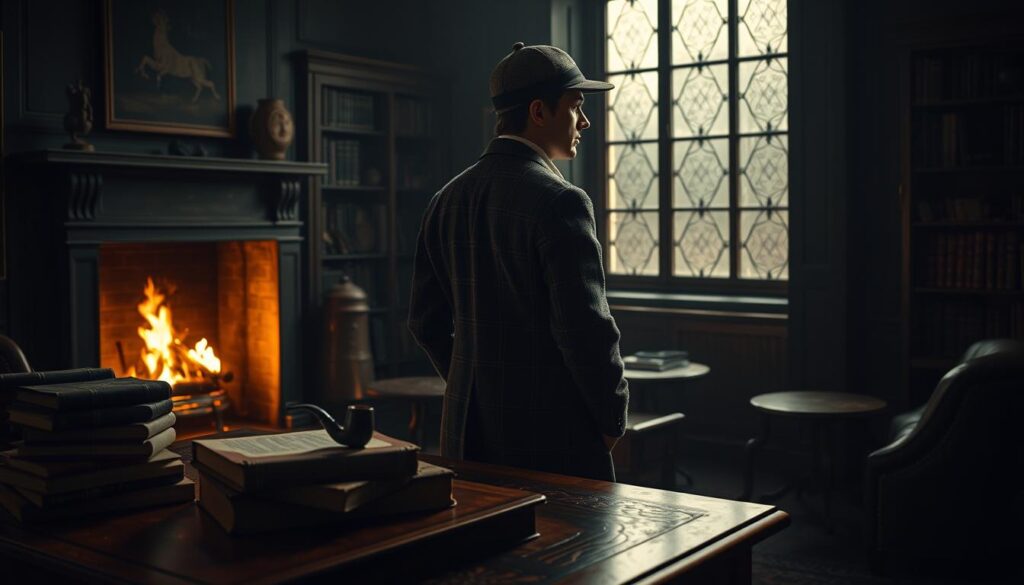 A dimly lit study, filled with the warm glow of a crackling fireplace. On a mahogany desk, a stack of leather-bound books sits alongside a pipe and a magnifying glass, hinting at the intellectual pursuits of the room's occupant. In the center, a pensive figure in a tweed suit and deerstalker cap stands gazing out a large window, lost in contemplation. The scene evokes a sense of analytical deduction and the enduring literary significance of the iconic detective, Sherlock Holmes. Soft shadows and muted tones create an atmosphere of introspection, reflecting the profound impact this character has had on the literary landscape.