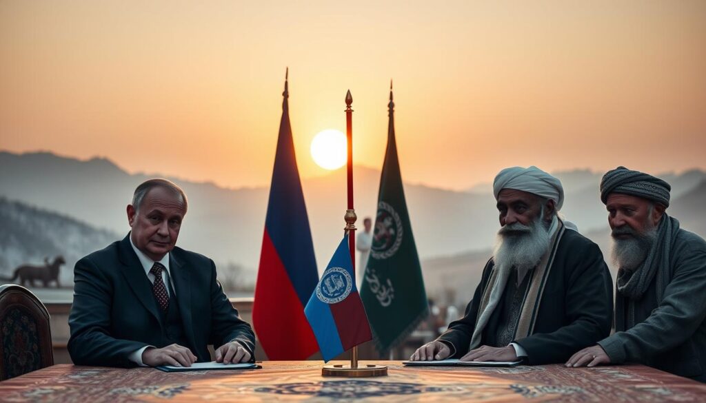 A diplomatic meeting between representatives of the Russian government and the Taliban regime, set against the backdrop of a traditional Central Asian landscape. In the foreground, the Russian and Taliban officials sit at a table, engaged in serious discussion, their expressions somber and focused. Subtle lighting illuminates their faces, casting dramatic shadows that convey the gravity of the negotiations. In the middle ground, the flags of Russia and the Taliban's Islamic Emirate of Afghanistan stand as symbols of the diplomatic recognition. The background features a mountainous vista, with the sun low on the horizon, casting a warm, golden glow over the scene, evoking a sense of cultural and geopolitical significance.