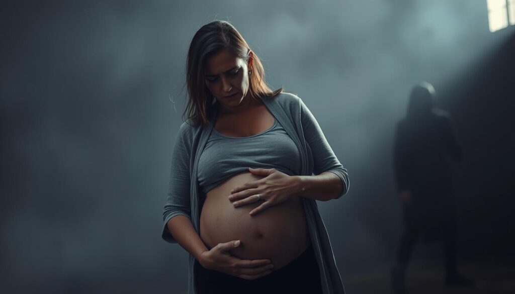 A distraught, pregnant woman stands in the center of the frame, her face etched with worry and distress. She clutches her swollen belly, a silent plea for the safety of her unborn child. The scene is bathed in a soft, muted light, creating an atmosphere of somber contemplation. In the background, faint shadows suggest the presence of unseen forces, hinting at the challenges and struggles she faces. The image captures the raw emotion and intensity of a personal drama unfolding, inviting the viewer to empathize with the subject's plight.