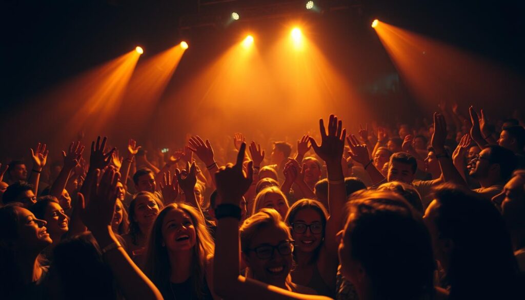 A diverse crowd of enthusiastic fans, their faces alight with a range of emotional reactions - joy, wonder, adoration - as they watch a captivating musical performance unfold on a dimly lit stage. Warm, golden spotlights cast a soft, cinematic glow, heightening the sense of energy and anticipation. In the foreground, a sea of upraised hands and animated expressions convey the audience's unwavering connection to the music and the artists. The middle ground reveals a tightly packed throng, their bodies swaying in rhythmic unison, while the background is shrouded in moody shadows, creating a sense of intimacy and immersion. The overall atmosphere is one of electric excitement, raw passion, and a profound shared experience between the performers and their ardent supporters.