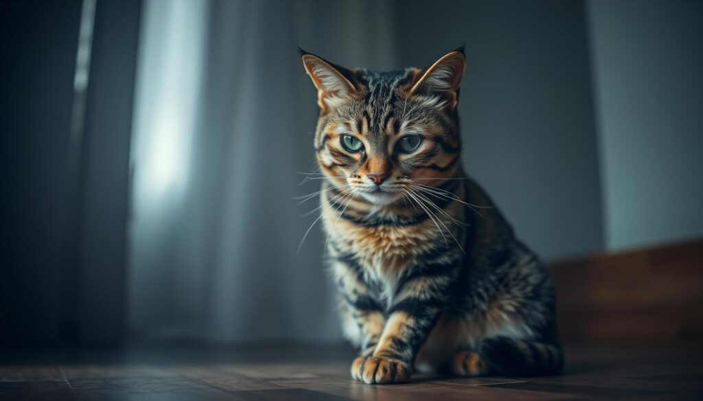 A domestic tabby cat sitting in a dimly lit room, its eyes glazed over and unfocused. The cat's movements are sluggish and disoriented, as it struggles to recognize its surroundings. The environment is hazy, with muted colors and soft, diffused lighting, creating a melancholic atmosphere. The cat's fur appears unkempt, and its expression conveys a sense of confusion and discomfort. The scene is captured from a medium distance, allowing the viewer to observe the subtle signs of feline cognitive decline.