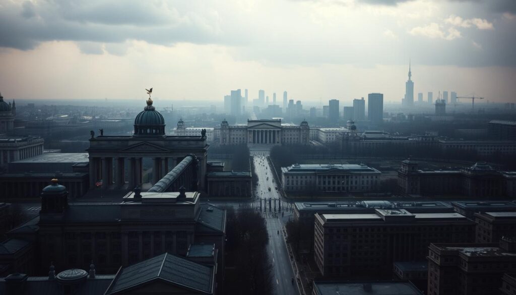 A dramatic aerial view showcasing the division of East and West Germany during the Cold War era. In the foreground, the imposing silhouettes of the Brandenburg Gate and the Reichstag building in West Berlin stand as symbols of a nation divided, their classical architecture contrasted against the stark concrete structures of East Berlin in the middle ground. In the background, the iconic skylines of both capital cities, East and West, stretch out, separated by the heavily guarded Berlin Wall, its ominous presence casting a shadow over the scene. The lighting is moody and atmospheric, with a somber, historical tone. The overall composition conveys the turbulent and momentous period of Germany's dual capitals and the lasting impact of its political partition.