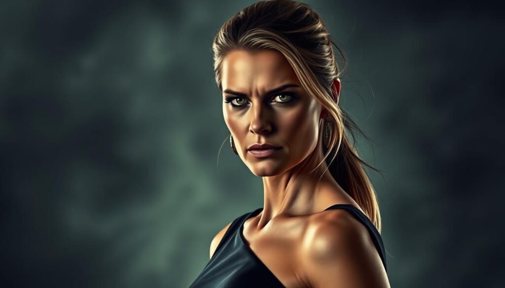 A dramatic and high-contrast portrait of Heidi Klum, captured in an intense and serious expression. She stands in the foreground, dressed in a sleek black outfit, her piercing gaze and slightly furrowed brow conveying a sense of gravitas and tension. The background is blurred, but hints at a turbulent and chaotic setting, with swirling lines and muted colors suggesting the scandals and controversies that have surrounded her career. The lighting is dramatic, with deep shadows and highlights that emphasize the model's striking features and the intensity of the moment. The overall effect is one of raw emotion and the weight of public scrutiny, reflecting the themes of the "Heidi Klum Skandale" section.