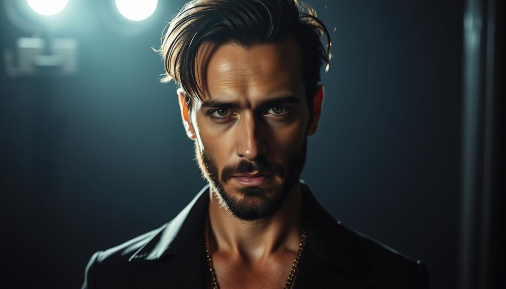 A dramatic, cinematic portrait of Tom Kaulitz's musical journey from the heights of Tokio Hotel fame to the glitz of Hollywood. The frame captures a candid, pensive moment, as Kaulitz stands against a moody, atmospheric backdrop. Subtle lighting casts dramatic shadows, highlighting the rugged, iconic features of his face. The composition balances the sense of stardom and success with a touch of introspection, reflecting the triumphs and challenges of his storied career. A sleek, modern aesthetic evokes the sophistication of Kaulitz's transition from rock icon to global superstar.