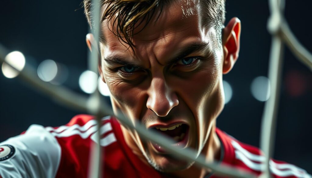 A dramatic close-up of a Bundesliga player in a decisive goal-scoring moment, frozen in time. Powerful lighting casts sharp shadows, accentuating the tense expression and intense focus on the player's face. The background is blurred, placing the player in the center of attention. The scene conveys the high stakes and pressure of a crucial match, with the player's body language and intensity reflecting the significance of the "Torjäger Wechsel" - the transfer of a top goalscorer between clubs. The image exudes a sense of anticipation and the thrill of the game, capturing the essence of this pivotal moment in the Bundesliga season.