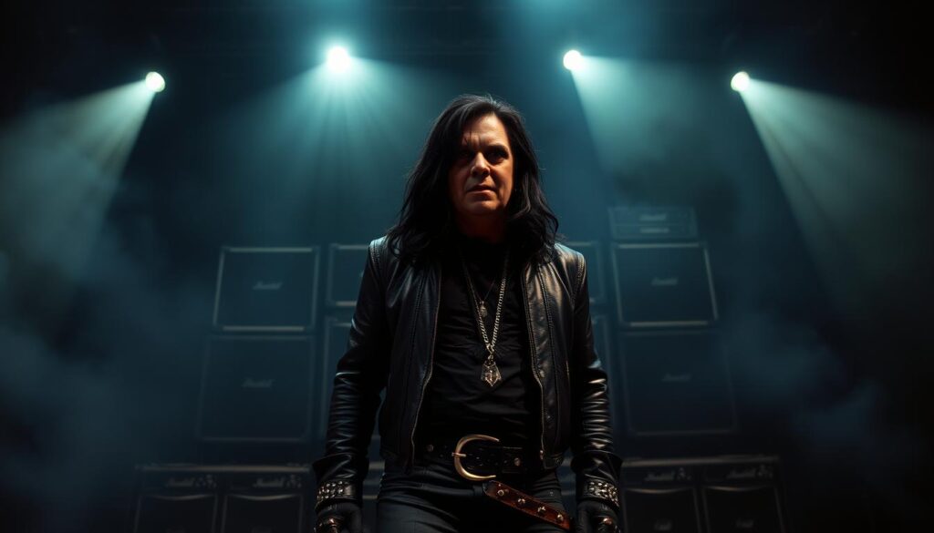 A dramatic, moody stage performance by the "Prince of Darkness" Ozzy Osbourne. On a dimly lit stage, Ozzy stands center, his iconic wild black hair and makeup casting haunting shadows across his face. He is clad in dark leather and metal, his expression intense and captivating. Behind him, a towering wall of amplifiers and a hazy, smoky atmosphere create an ominous, thunderous presence. Spotlights shine down, casting dramatic highlights and shadows that accentuate Ozzy's powerful stage presence and the sheer energy of his legendary heavy metal performance.