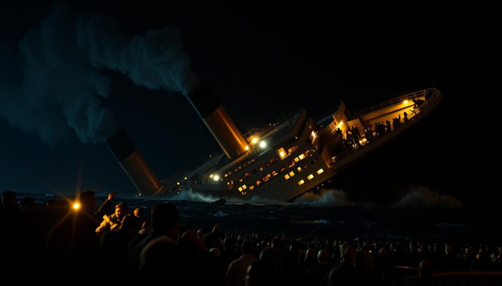 A dramatic nighttime scene of the sinking RMS Titanic, as the doomed ship's fourth smokestack, revealed to be a decorative dummy, collapses amidst the chaos. The foreground depicts passengers desperately scrambling aboard the few remaining lifeboats, their faces lit by the eerie orange glow of the sinking vessel. In the middle ground, the hull of the Titanic is tilted at a sharp angle, water rushing over the decks as the massive ship begins to split apart. The background is shrouded in an ominous, inky blackness, pierced only by the flickering flames and billowing plumes of smoke. Moody, cinematic lighting casts dramatic shadows, heightening the sense of impending doom. The overall scene conveys the tragic and catastrophic nature of the Titanic's final moments.