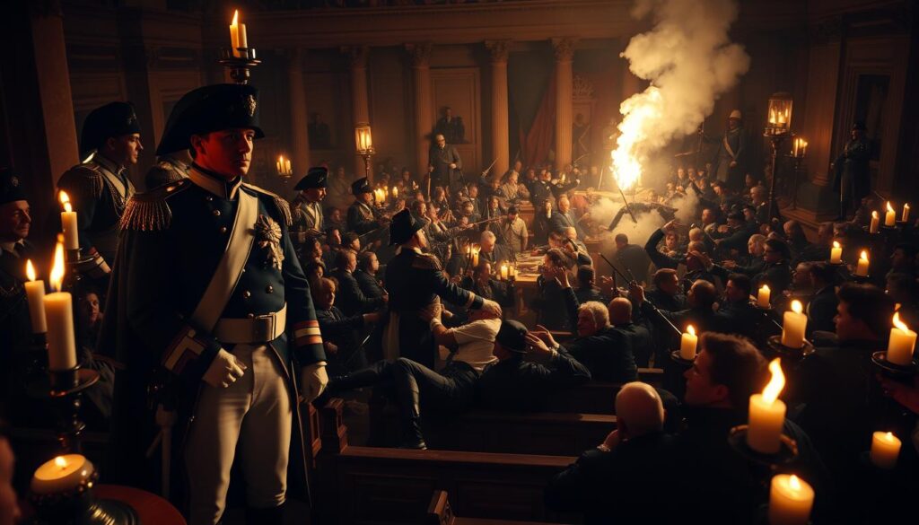 A dramatic scene of Napoleon Bonaparte's Coup d'État, illuminated by flickering candles and oil lamps. In the foreground, Napoleon stands resolute, flanked by his loyal generals, their uniforms crisp and medals gleaming. In the middle ground, the National Assembly erupts in chaos, deputies fleeing or grappling with soldiers. The background is shrouded in shadow, hinting at the uncertainty and turmoil that will follow this pivotal moment. The lighting casts dramatic shadows, heightening the tension and sense of history unfolding. A wide-angle lens captures the grand scale of this pivotal event, the end of the French Revolution and the beginning of Napoleon's reign.