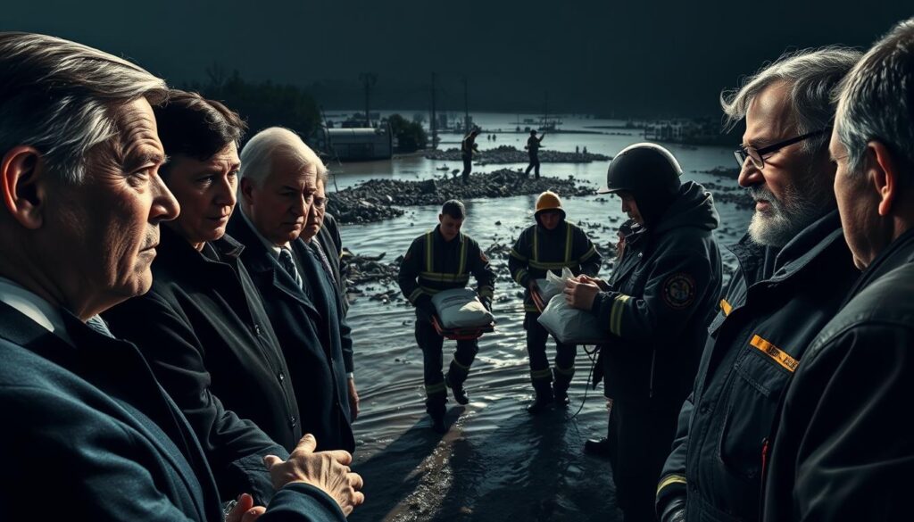 A dramatic scene of political figures and emergency responders gathered in the aftermath of a devastating flood. In the foreground, officials solemnly discuss relief efforts and recovery plans, their expressions grave. In the middle ground, rescue workers attend to victims, carrying stretchers and distributing supplies. In the distance, floodwaters recede, revealing the damaged landscape. Harsh, angled lighting casts dramatic shadows, underscoring the gravity of the situation. An atmosphere of somber determination pervades the scene, as the community comes together to address the crisis. The image conveys the complex, multifaceted response to natural disaster and its profound human impact.