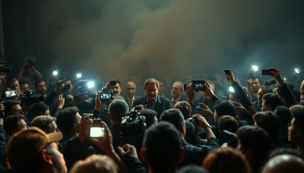 A dramatic scene of public scandal and controversy unfolds, capturing the essence of the subject matter. In the foreground, a chaotic crowd gathers, their expressions a mix of outrage, curiosity, and judgment. Flashing cameras and microphones create a sense of intense media scrutiny. The middle ground features a central figure, perhaps a public figure or celebrity, caught in the midst of the turmoil, their posture and body language conveying a sense of unease or defiance. The background is hazy, with a sense of tension and uncertainty, suggesting the far-reaching impact of the scandal. The lighting is dramatic, with sharp contrasts and shadows, adding to the overall sense of drama and intensity. The scene is captured from a slightly elevated angle, giving the viewer a sense of being an observer to the unfolding events.