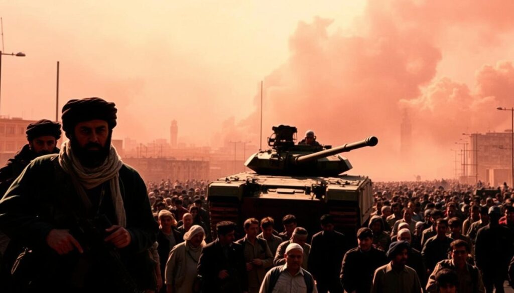 A dramatic scene of the Taliban's rise to power in Afghanistan. In the foreground, a group of armed Taliban fighters, their faces stern and resolute, stand guard over a chaotic crowd of civilians fleeing the city. In the middle ground, a tank rumbles through the streets, a symbol of the military might now controlling the capital. In the background, the city skyline is obscured by billowing clouds of smoke, a testament to the turmoil and destruction that has unfolded. The lighting is dramatic, with harsh shadows and a reddish-orange glow that creates a sense of foreboding and unease. The camera angle is low, lending an imposing, authoritative feel to the scene. The overall mood is one of despair, fear, and the heavy weight of a radical new regime seizing power.