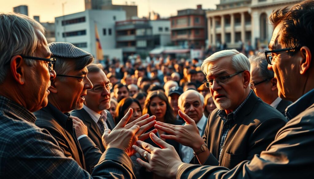 A dynamic political debate, with passionate figures engaged in animated discussion, set against a backdrop of a bustling urban landscape. Warm, directional lighting illuminates the scene, casting dramatic shadows and highlighting the intensity of the exchanges. In the foreground, gesticulating hands and furrowed brows convey the heated nature of the discourse, while in the middle ground, a diverse crowd of onlookers observe the debate, their expressions ranging from contemplative to confrontational. The background features a blend of architectural elements, suggesting a public space where this contentious political dialogue is unfolding. An atmosphere of spirited debate, social tension, and the clash of differing ideologies permeates the scene.