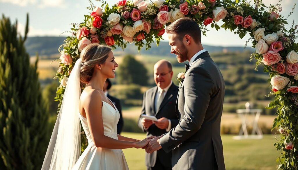 A elegant outdoor wedding scene featuring Bastian Schweinsteiger and Ana Ivanović, their faces filled with joy and love as they exchange vows under a beautiful floral arch. The couple are dressed impeccably, Bastian in a sharp tuxedo and Ana in a flowing white gown. Warm natural lighting bathes the scene, accentuating the couple's features and the lush greenery surrounding them. In the background, a picturesque countryside landscape with rolling hills and a clear sky. The overall mood is one of pure bliss and celebration, capturing the private, intimate moment of their special day.