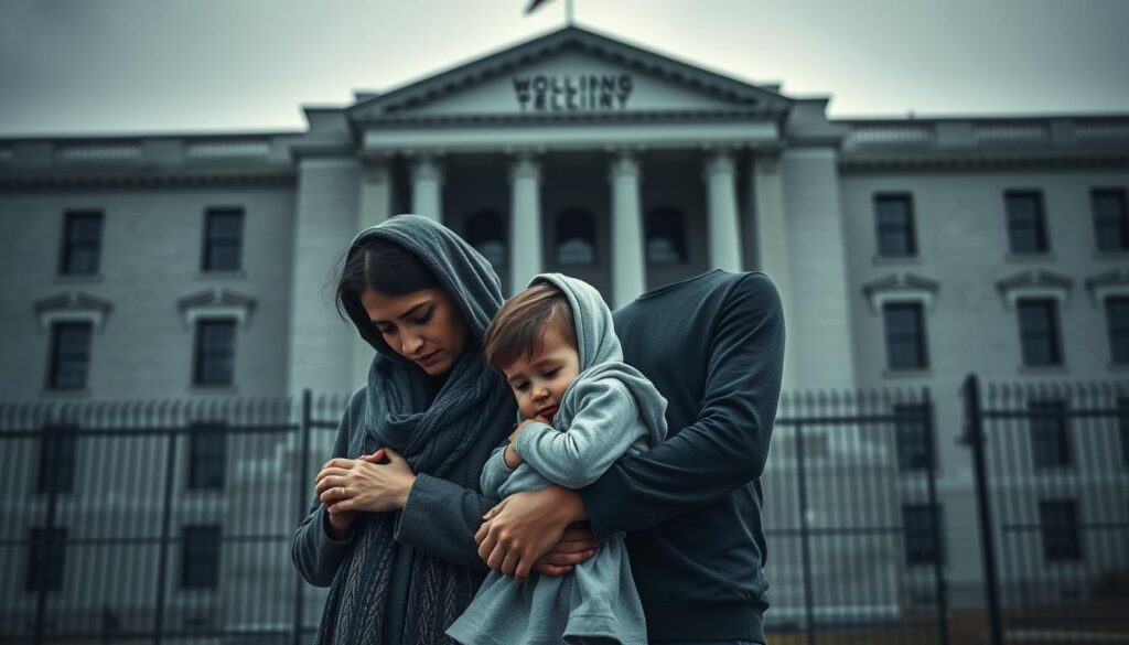 A family of three - a mother, father, and young child - standing before a gray, imposing government building, their expressions conveying a sense of anguish and despair. The mother's hands are clasped, her head bowed, while the father's face is etched with worry. The child clings to their parents, their small frame dwarfed by the imposing structure. The scene is bathed in a somber, muted palette, reflecting the gravity of the situation. The composition emphasizes the human cost of detention, with the family's vulnerability and isolation contrasted against the cold, institutional backdrop. Soft, diffused lighting casts long shadows, heightening the melancholy mood.