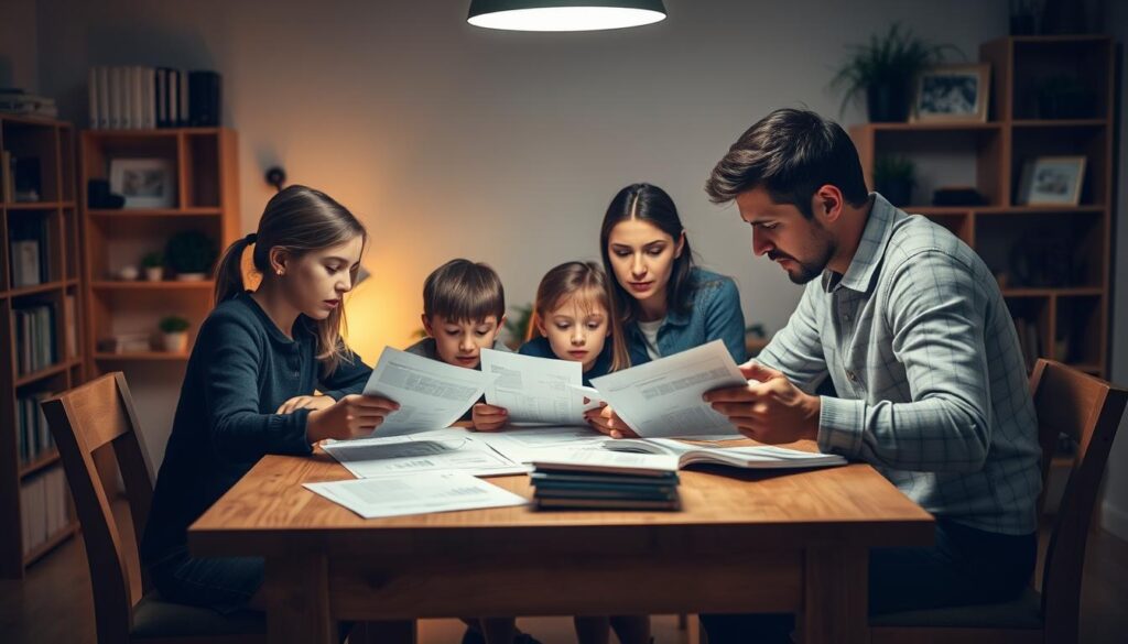 A family planning a household budget, sitting around a wooden table in a cozy, well-lit room. The mother, father, and two children are intently studying financial documents, discussing expenses and allocations. Warm, muted lighting casts a contemplative atmosphere, while the background features bookshelves and plants, conveying a sense of thoughtfulness and organization. The family's expressions reflect a mix of concentration and concern, as they carefully navigate the complexities of managing their household finances. The scene captures the essence of a Bedarfsgemeinschaft, where individuals come together to plan and organize their shared resources.
