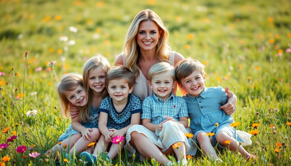 A family portrait of Heidi Klum and her children, Leni, Henry, Johan, and Lou, captured in a warm, natural light. The scene depicts the five of them sitting together on a lush, green meadow, surrounded by vibrant wildflowers. Heidi, in a flowing, summery dress, sits at the center, her arms lovingly embracing her kids, who are dressed in casual, coordinated outfits. The children's faces express a sense of joy and contentment, their eyes sparkling with genuine happiness. The background is softly blurred, allowing the family to be the focal point, creating an intimate, candid atmosphere. The overall composition evokes a feeling of family, love, and a cherished moment in time.