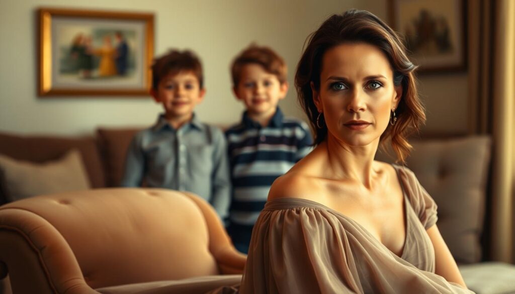 A family portrait of Kate Beckinsale in a warm, intimate setting. In the foreground, Kate is seated on a plush armchair, her expression serene and pensive. She is dressed in a flowing, elegant gown that accentuates her graceful features. In the middle ground, her two children, a son and a daughter, stand beside her, their faces filled with a sense of warmth and admiration. The background is softly blurred, creating a sense of depth and focus on the family unit. The lighting is gentle, casting a soft, golden glow that enhances the cozy, familial atmosphere. The overall composition conveys a sense of love, connection, and the private, personal side of Kate Beckinsale's life.