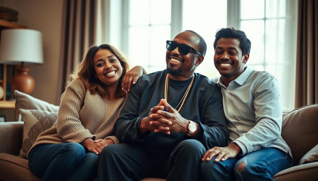 A family portrait of Stevie Wonder, his wife, and children, captured in a warm, intimate setting. The legendary musician sits at the center, surrounded by his loved ones, their expressions radiating joy and affection. Soft, natural lighting filters through large windows, casting a gentle glow over the scene. The composition emphasizes the close-knit bonds within the family, with Stevie's hands clasped in a gesture of contentment. The background is blurred, keeping the focus on the central figures and their heartfelt connection. An air of tranquility and domestic bliss permeates the image, providing a glimpse into the private life of this iconic artist.