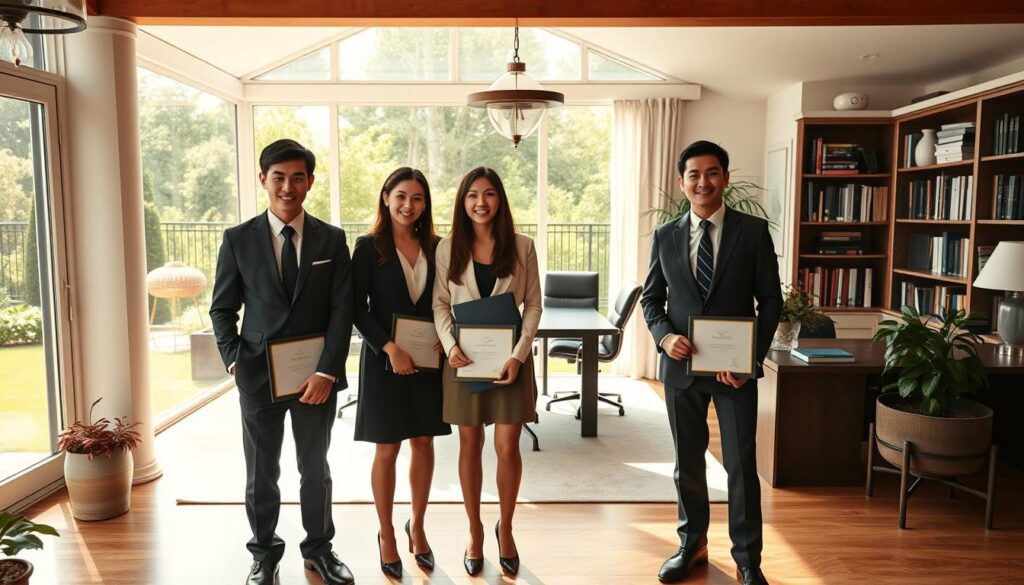 A family portrait showcasing the academic and professional achievements of Dieter Bohlen's children. In the foreground, three young adults in formal attire stand proudly, their diplomas and certificates displayed. In the middle ground, a spacious, well-appointed home office with bookshelves and a large desk, hinting at their successful careers. The background depicts a serene, sun-dappled garden, conveying a sense of domestic tranquility and family pride. The lighting is soft and natural, highlighting the subjects' confident expressions and the overall tone of accomplishment. Captured with a medium-format camera lens, the image presents a harmonious, aspirational scene of Dieter Bohlen's children's career paths.