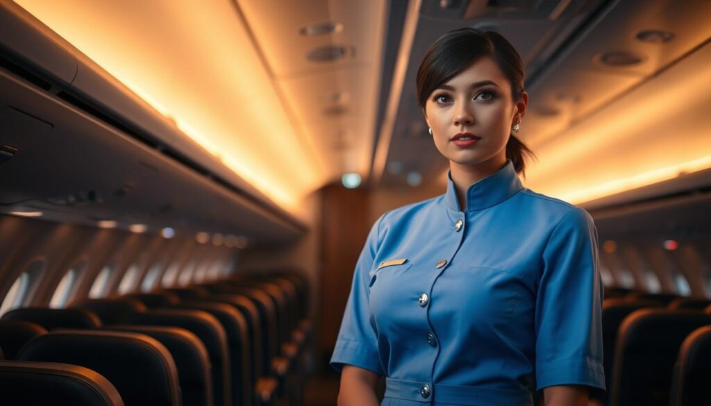 A female flight attendant standing confidently in the middle of an aircraft cabin, her crisp uniform and professional demeanor conveying the seriousness of her role. The cabin is dimly lit, with soft, warm lighting casting a cozy glow over the scene. The attendant's gaze is focused, conveying the attentiveness and dedication required for the world's longest passenger flight. In the background, the curved walls of the cabin and rows of passenger seats suggest the vastness of the aircraft, emphasizing the scale and importance of the flight attendant's responsibilities. The overall mood is one of professionalism, competence, and the quiet determination required to ensure the comfort and safety of passengers on an extraordinary journey.