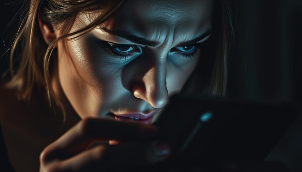 A female influencer's face, contorted in anguish, as she reads disturbing messages on her phone. Shadows cast across her features, suggesting the dark, threatening nature of the threats. The background blurred, keeping the focus on her distressed expression. Dramatic low-key lighting creates a somber, unsettling mood. A sense of vulnerability and violation permeates the scene, highlighting the "Schattenseiten des Influencer-Daseins" - the shadowy, dangerous aspects of the influencer lifestyle.