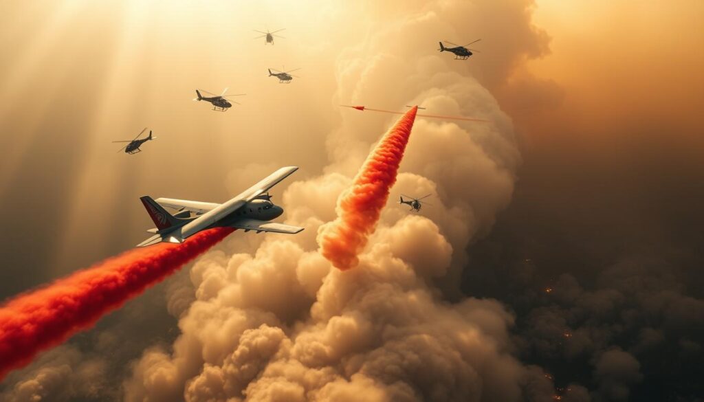 A fleet of powerful firefighting aircraft soaring over a dense, billowing smoke plume, battling a raging wildfire threatening a coastal city. In the foreground, a tanker plane swoops low, its belly glistening as it releases a torrent of bright red retardant onto the hungry flames below. Flanking it, nimble helicopters hover, their rotors whipping the air, as they scoop up water from a nearby lake to douse the blaze. In the middle ground, sleek turboprop planes skim the treetops, their pilots expertly maneuvering to drop payloads of precious water. The background is obscured by a thick haze, hinting at the scale of the conflagration, while shafts of golden sunlight pierce the gloom, casting a dramatic, cinematic glow over the intense aerial firefighting operation.