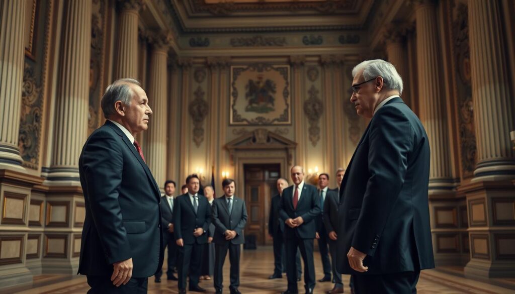 A formal diplomatic meeting in a grand, ornate European hall. In the foreground, two statesmen stand facing each other, engaged in an intense yet composed discussion, their body language conveying an air of mutual respect and cooperation. Behind them, a semicircle of advisors and translators observe intently, the mood palpably serious yet professional. Intricate architectural details, such as towering columns and ornate wall paneling, fill the spacious background, evoking a sense of historical significance. Soft, indirect lighting casts a warm, contemplative glow over the scene, emphasizing the gravity of the diplomatic negotiations taking place.