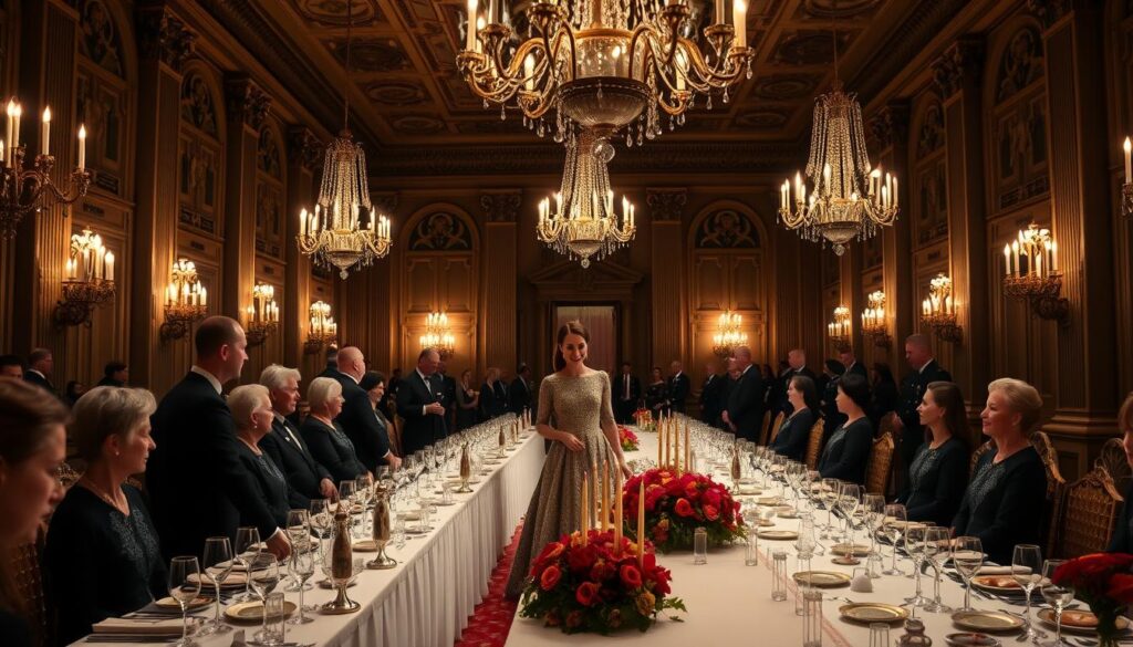 A formal state banquet in a grand European palace, illuminated by the warm glow of chandeliers. At the center, Princess Kate, dressed in a shimmering gown, gracefully receives guests with a regal bearing. The ornate table is laden with fine china, crystal glassware, and an array of exquisite dishes. Uniformed servers glide through the opulent hall, attended by a backdrop of elegant architectural features - vaulted ceilings, intricate wall panels, and stately columns. An atmosphere of refined sophistication and historic tradition pervades the scene, capturing the essence of a prestigious diplomatic event.