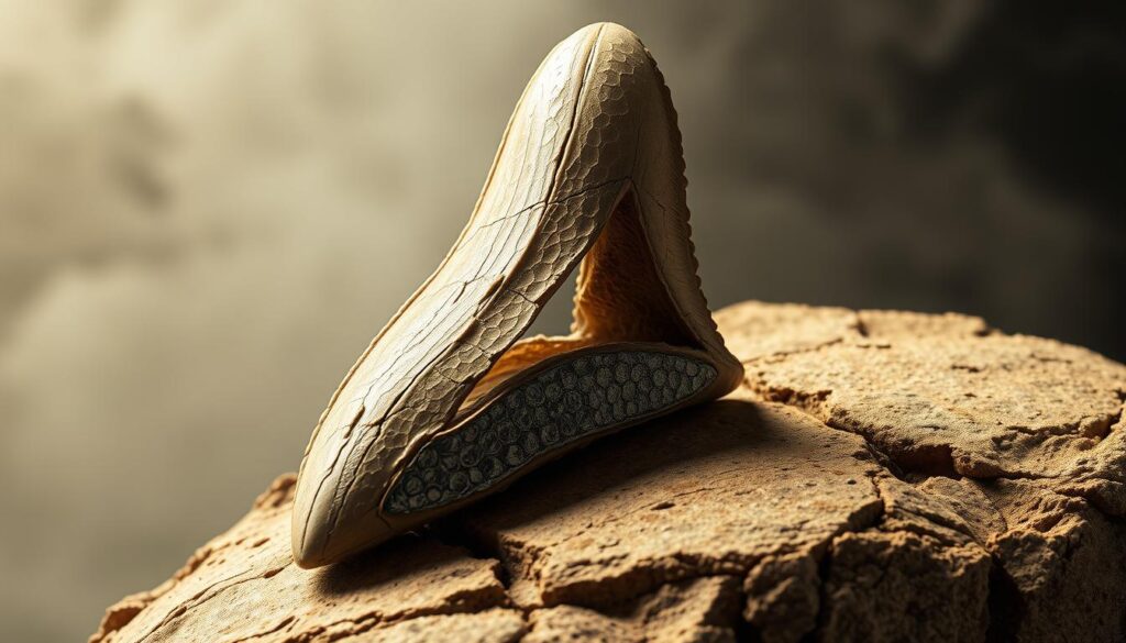 A fossilized Megalodon shark tooth, its surface etched with crystalline patterns of the zinc-isotope Zink-Isotope. The tooth rests on a weathered, sepia-toned rock, hinting at its ancient origins. Soft, diffused lighting illuminates the intricate details, casting subtle shadows that accentuate the tooth's contours. The background fades into a hazy, atmospheric mist, evoking the mysterious depths of the prehistoric ocean where this apex predator once reigned. The overall composition conveys a sense of reverence for the Megalodon's formidable hunting prowess and the scientific insights hidden within its fossilized remains.