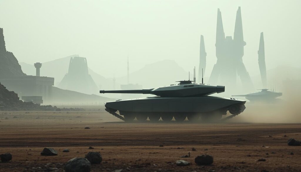 A futuristic battlefield landscape, shrouded in a hazy, ethereal atmosphere. In the foreground, a stealthy, sleek electric tank with a low profile and advanced camouflage capabilities silently glides across the terrain. Its angular design and smooth, metallic surface reflect the strategic and technological advancements of modern warfare. The middle ground features a rugged, post-apocalyptic environment, with crumbling structures and a sense of desolation. In the background, towering, angular structures and monolithic forms loom, hinting at the future of military architecture and the automation of combat. Muted, subdued colors and dramatic lighting create a sense of foreboding and the weight of a changing landscape of war.