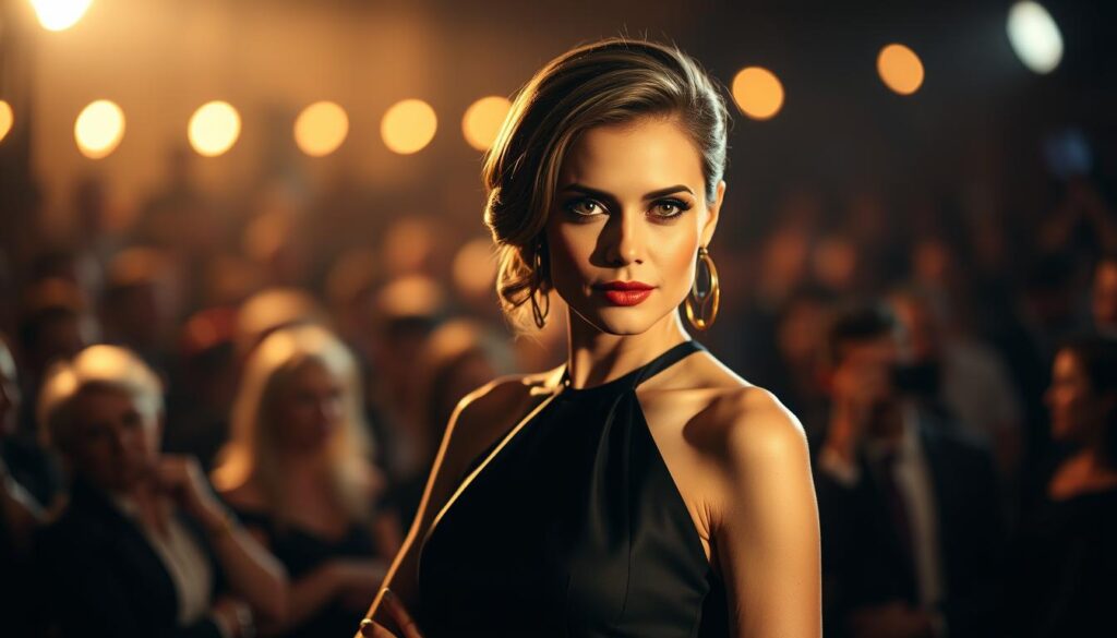 A glamorous woman in an elegant black dress stands confidently in the spotlight, her gaze fixed on the camera. The soft, warm lighting casts dramatic shadows, highlighting her striking features and confident demeanor. In the background, a hazy, out-of-focus crowd suggests the public's attention is on her. The composition conveys a sense of poise, control, and the woman's comfortable relationship with the limelight. The image captures the essence of "Marisa Lewe und Öffentlichkeit" - a woman who commands the public's attention with grace and self-assurance.