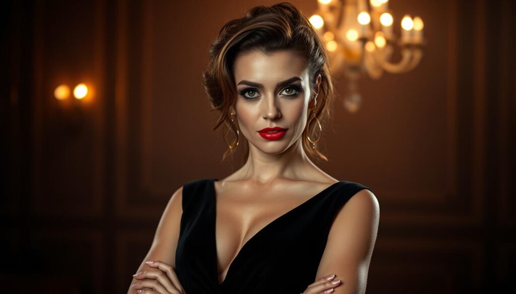 A glamorously dressed Loredana Wollny, the renowned German reality TV personality, posing confidently against a stylish, dimly lit backdrop. Soft, warm lighting accentuates her alluring features, creating an air of mystery and intrigue. Her expression is a captivating mix of coy and sultry, hinting at the scandals and passions that have defined her private life. The scene evokes a sense of high-society drama, with a touch of luxury and sophistication that reflects Loredana's public persona. The overall mood is one of seductive allure, inviting the viewer to delve deeper into the captivating narrative of her tumultuous love life and the scandals that have shaped her unique celebrity story.