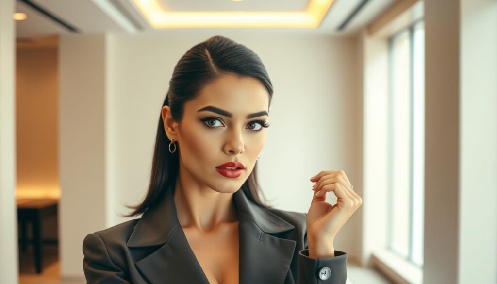A glamorously dressed woman posing confidently, exuding an aura of luxury and sophistication. She is captured in a mid-shot, artfully lit to accentuate her flawless makeup, sleek hairstyle, and designer outfit. The background is a minimalist, high-end setting with clean lines and neutral tones, creating a sense of exclusivity. The woman's gaze is direct, her expression a blend of poise and slight defensiveness, as if responding to a perceived "neiddebatte" (jealousy debate). The overall mood is one of aspirational lifestyle, underscored by a touch of ambiguity and subtle tension.