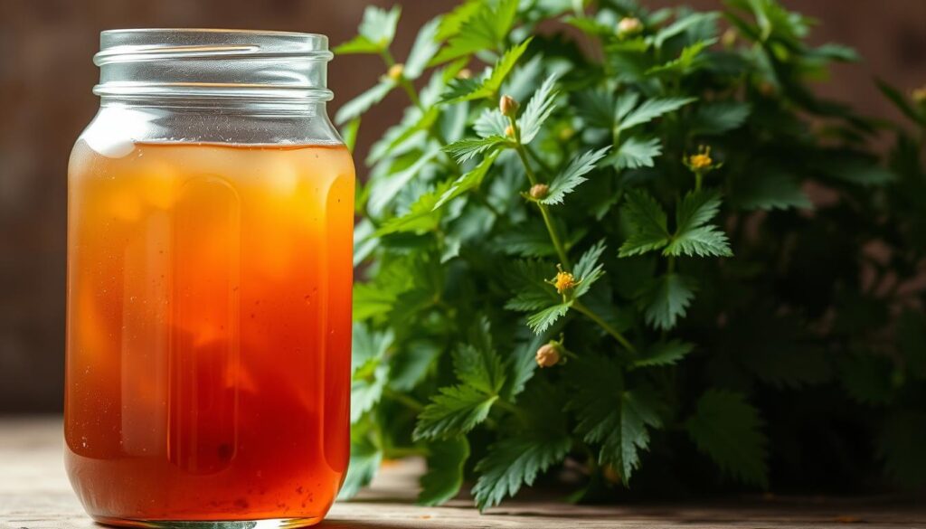 A glass jar filled with a rich, amber-colored liquid sits prominently in the foreground, illuminated by soft, natural lighting. The liquid appears slightly cloudy, with tiny particles suspended within. In the middle ground, a lush, verdant patch of stinging nettles (Urtica dioica) occupies the frame, their distinctive serrated leaves and delicate flowers visible. The background fades into a blurred, earthy tone, suggesting an organic, garden-like setting. The overall mood is one of simplicity and practicality, reflecting the utilitarian nature of this homemade liquid fertilizer.