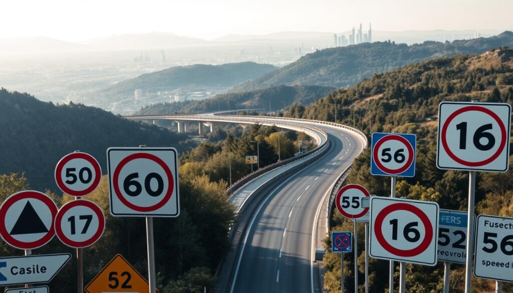 A global landscape of speed limits, captured in a panoramic view. In the foreground, various road signs depicting speed limits from around the world, each unique in design and color, conveying the diverse regulations governing the flow of traffic. The middle ground showcases a winding highway cutting through a varied terrain, with mountainous backdrops, lush forests, and urban skylines in the distance. The lighting is soft and diffused, creating a serene atmosphere that belies the complexities of navigating the world's roads. The composition emphasizes the international nature of speed limit policies, inviting the viewer to consider the nuances and exceptions that make Germany's autobahn a global anomaly.