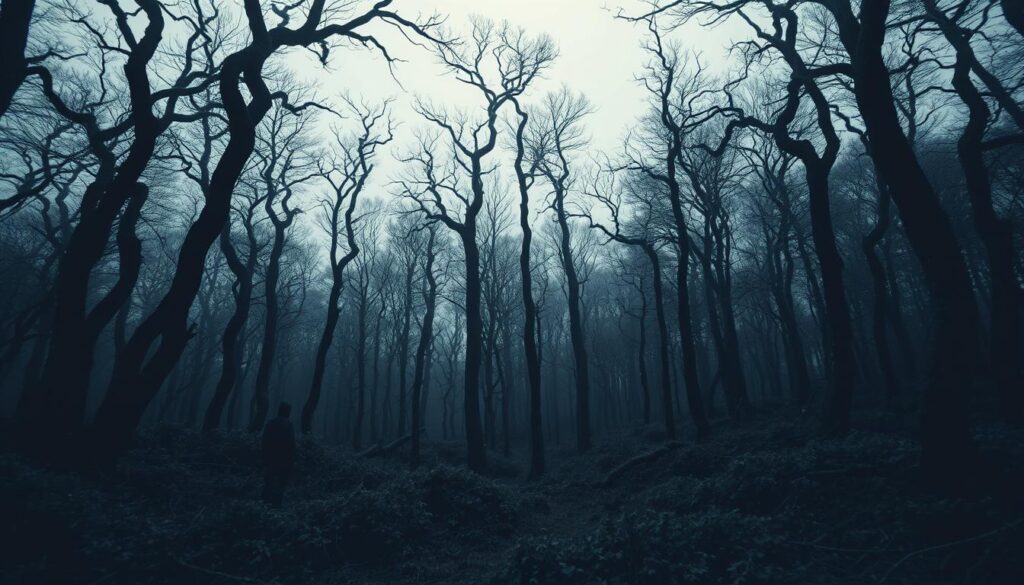 A gloomy, dense forest with towering, twisted trees, their branches reaching towards a sickly, gray sky. The ground is covered in a thick, tangled undergrowth, creating an oppressive, claustrophobic atmosphere. In the distance, a shadowy figure stands alone, their silhouette reflecting the somber, melancholic mood. The scene is bathed in a cold, blue-tinted light, heightening the sense of isolation and despair. The overall composition evokes a sense of tragedy and the weight of human suffering, perfectly capturing the essence of "Der Aokigahara-Wald als Ort der Tragödie".