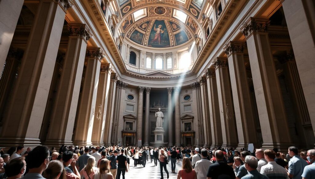 A grand and majestic view of the interior of St. Peter's Basilica, the centerpiece of the Vatican City. Sunlight streams through the large windows, illuminating the ornate marble floors, towering columns, and intricate frescoes that adorn the walls and ceilings. In the foreground, a crowd of visitors in awe, gazing up at the towering dome and the ornate altars and sculptures that fill the vast space. The atmosphere is one of reverence and contemplation, as people from all over the world come to experience the grandeur and spiritual significance of this iconic Catholic cathedral.